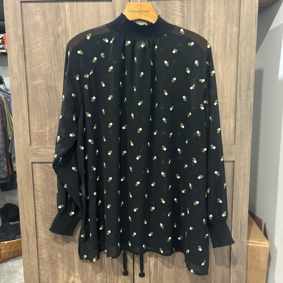 Cabi Medium Top Black Sheer Floral Embroidered Mock Neck Quarter Button Down - Picture 3 of 13